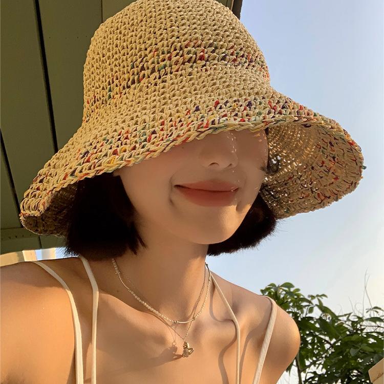 Breathable Crochet Straw Bucket Hat for Women - Vintage Style, Wide Brim, Foldable Sun Protection Fisherman Cap