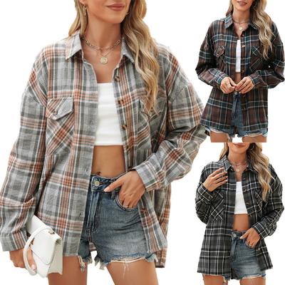 Women's Turn Down Collar Long Sleeve Plaid Shirt Loose Fit Urban Style Chest Pocket Button Down Blouse
