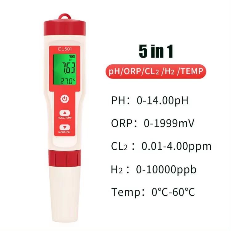 5 In 1 Chlorine Meter PH/CL2/H2/ORP/Temperature Meter Water Quality Tester for Pools Drinking Water Aquarium Aquaculture
