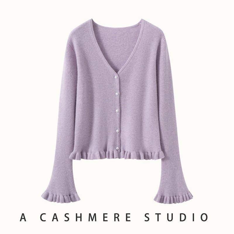 Women's V-neck Ruffle Bell Sleeve Cashmere Cardigan - Soft Knitted Loose Fit Sweater
