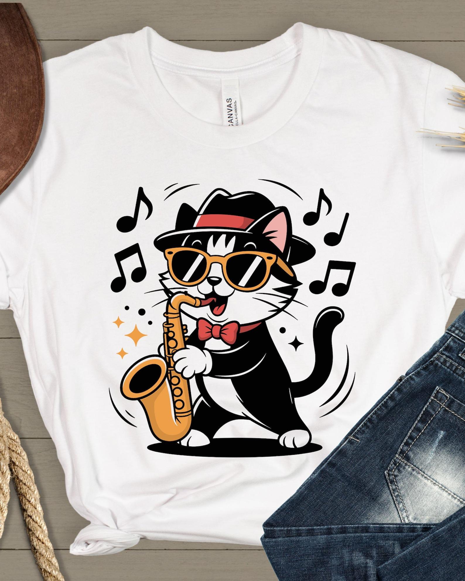Saxophone Cat Tee | Cool Cat Playing Saxophone Graphic T-Shirt, 8 colors 2XL