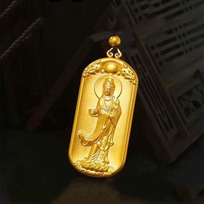 Golden Hannya Kannon Pendant Necklace - Unisex Buddha Heart Sutra Pendant for Safety and Serenity.