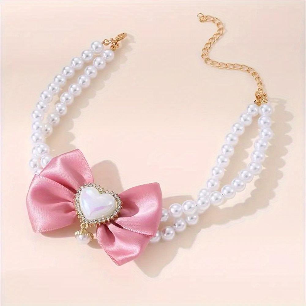 1PC Charming Double Pearl Bow Necklace for Small and Medium Sized Pets with Cute Heart-shaped Pendant