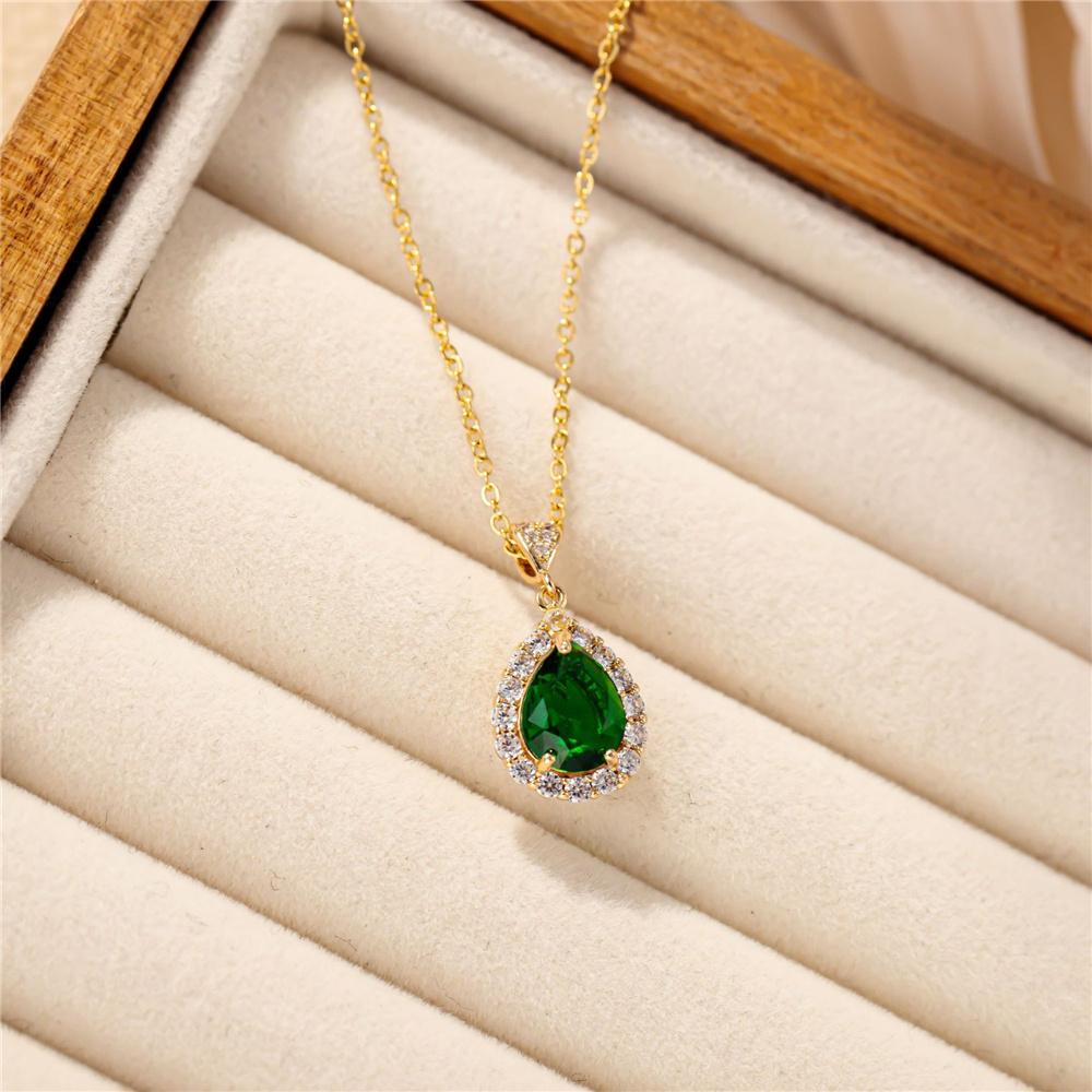 Female Crystal White Pink Green Purple Zircon Stone Water Drop Pendant Necklace Vintage Gold Color Wedding Jewelry For Women