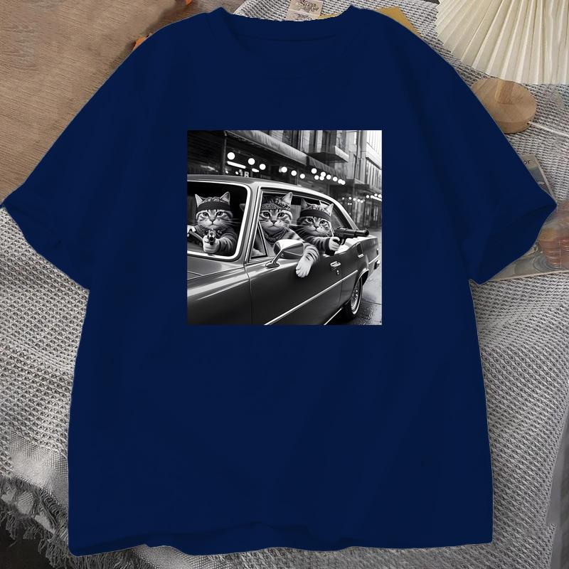 Funny Cat Gang T Shirt Unisexs Summer Tracksuit Crew Neck Short Sleeve Tops Casual Cotton Sportswear Harajuku Retro Streetwear S