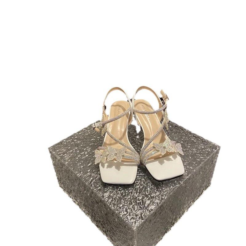 2024 Rhinestone Butterfly French Summer Sandals Women's 2024 New Summer Outer Wear Feeling Not Tired Feet Middle Heel High Heels