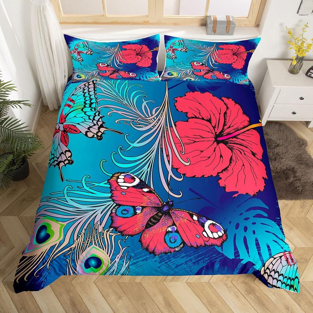 Peacock Feather Print Duvet Cover Set Queen Twin Bird Feathers Element Bedding Set Wild Animals Comforter Cover for Girls Teens