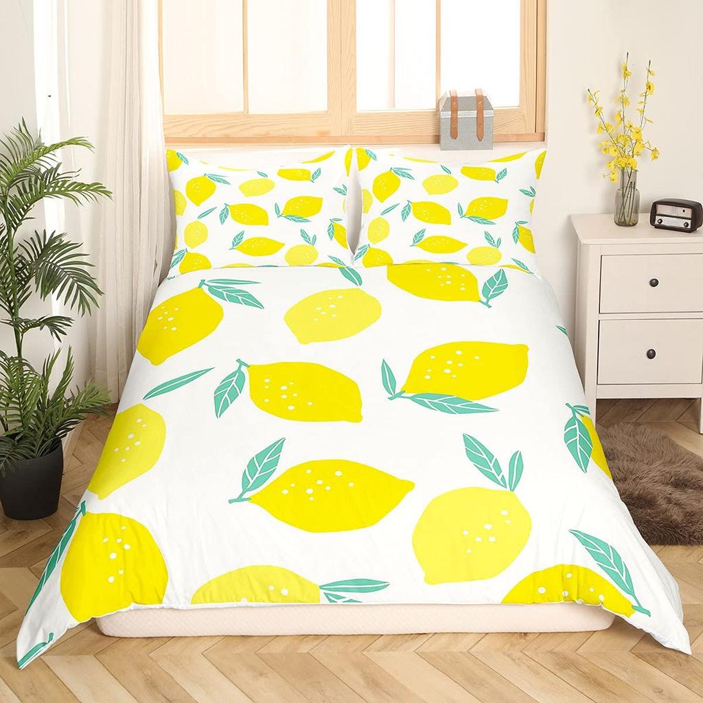 Nature Bedspread, Lemon Tre Branches Gardening Design, Decorative Quilted 3 Piece Coverlet Set featuring 2 Pilow Shams, Ful Sized Dimensions