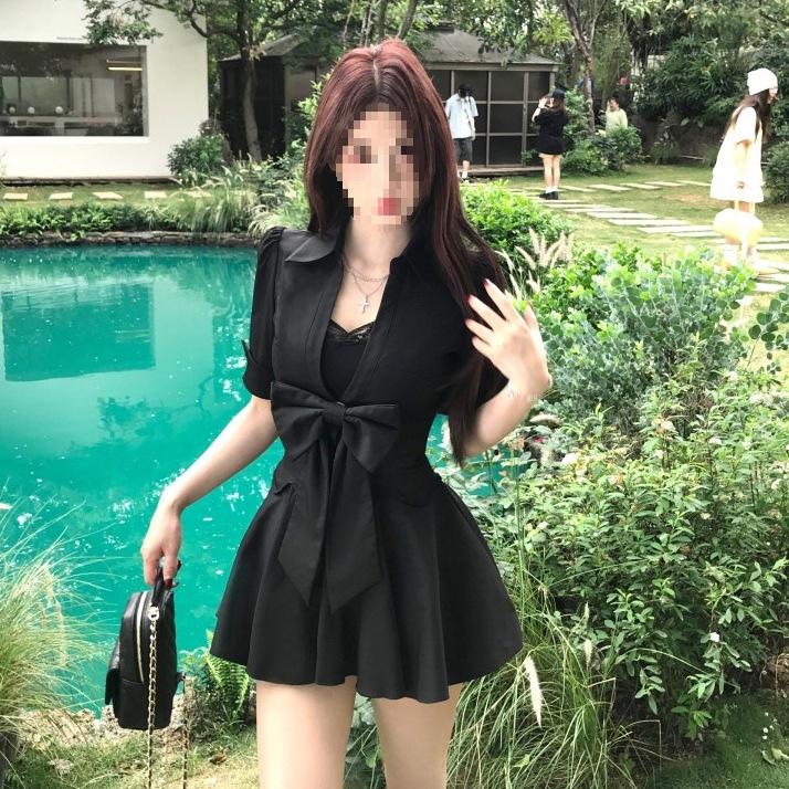Black Lace Splicing Polo Neck Bubble Sleeve Dress Women's Summer Light Mature Wind Waist A Word Short Skirt Wholesale
