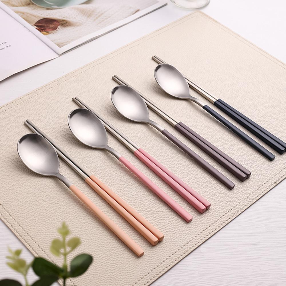 Korean Style Stainless Steel Long Handle Spoon And Chopsticks Set Solid Color Tableware Cutlery for Rice Food Soup Noodles