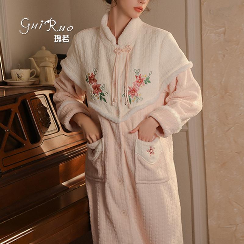 Women's Warm Velvet Stand Collar Frog Button Robe Pajama Set for Fall Winter