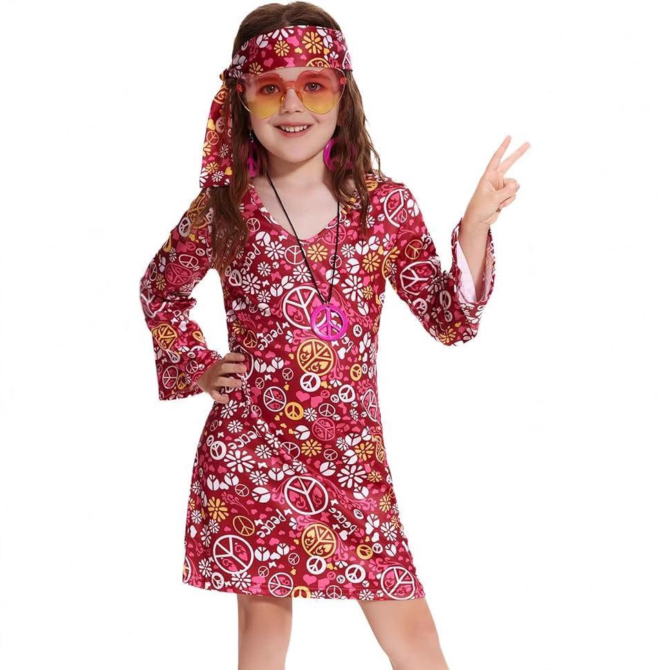 70s Hippie Print Dress for Girls Halloween Party