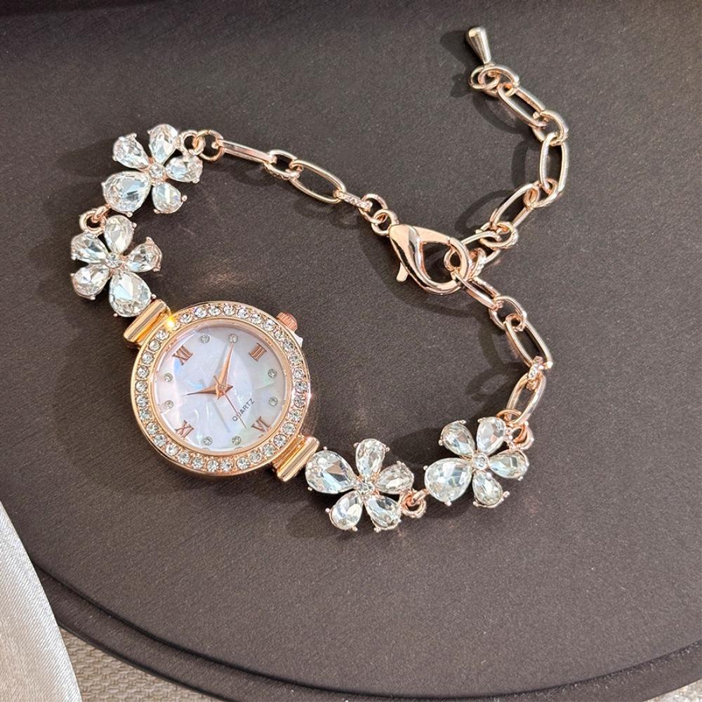 Roman-Scalped Quartz Bracelet Watch Diamond Embedded Adjustable Vintage Round Ladies Watches Gemstone Flower Clasp Alloy Case