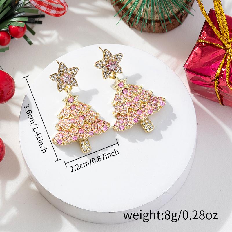 New Design Sweet Pink Christmas Tree Earrings for Women Light Luxury Sparkling Zircon Dangle Earring Xmas Holiday Party Jewelry