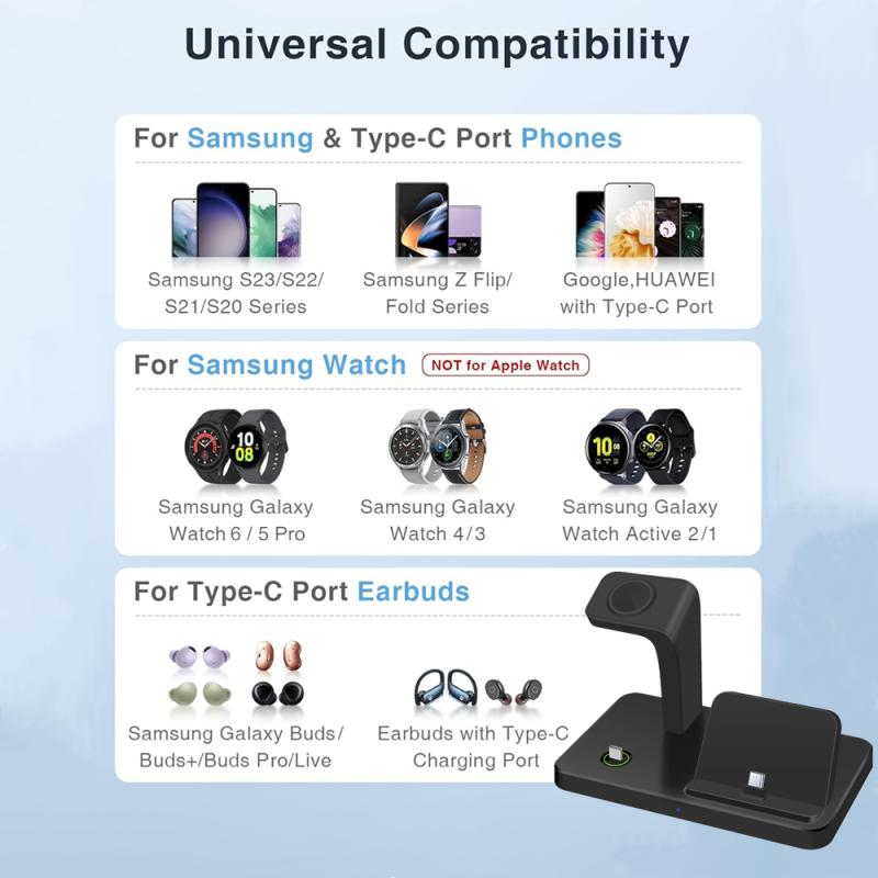 Charging Station 3 In 1 Fast Wireless Charger for Samsung S23 S22 S21 Note 20 10 Z Flip Z Fold for Galaxy Watch 6 5 Pro 4 3 Buds