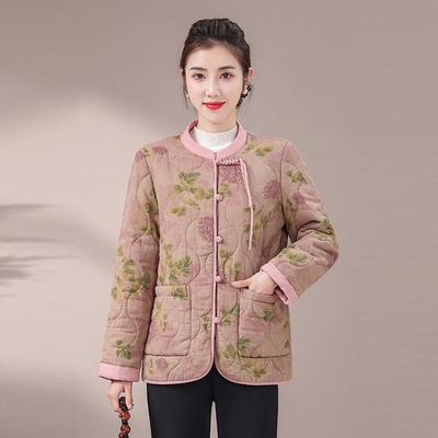 Button Stand-up Collar Padded Jacket for Women's Winter New Retro Printing Padded Padded Padded Jacket Padded Jacket