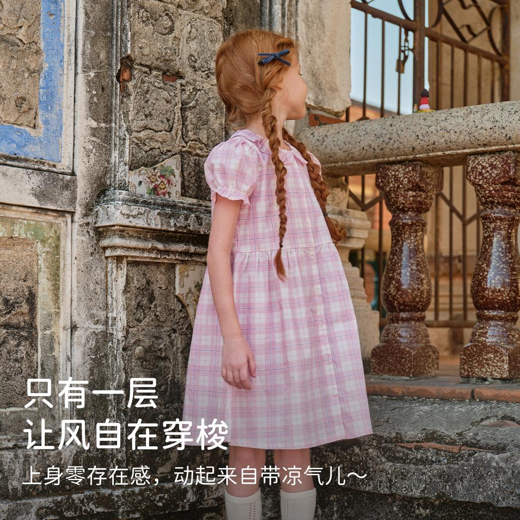 Davidella Girls' Pure Cotton Plaid Dress Summer Dress New Children's Dress, Medium Size Princess Dress for Children