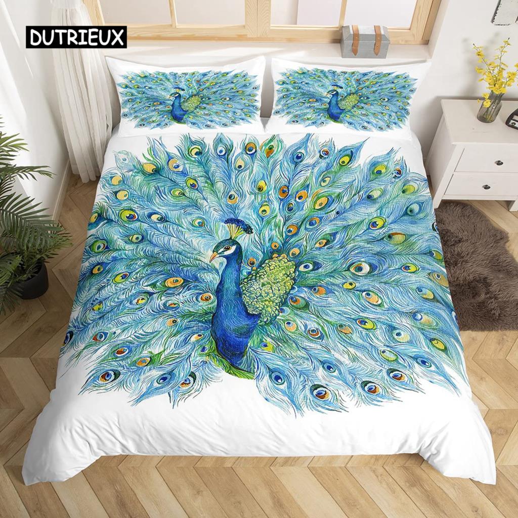 Set Husă Plapumă Păun Elegant Superb Albastru Pene Husă Plapumă Fete Femei Roz Flori Păsări Animal Poliester Husă Plapumă