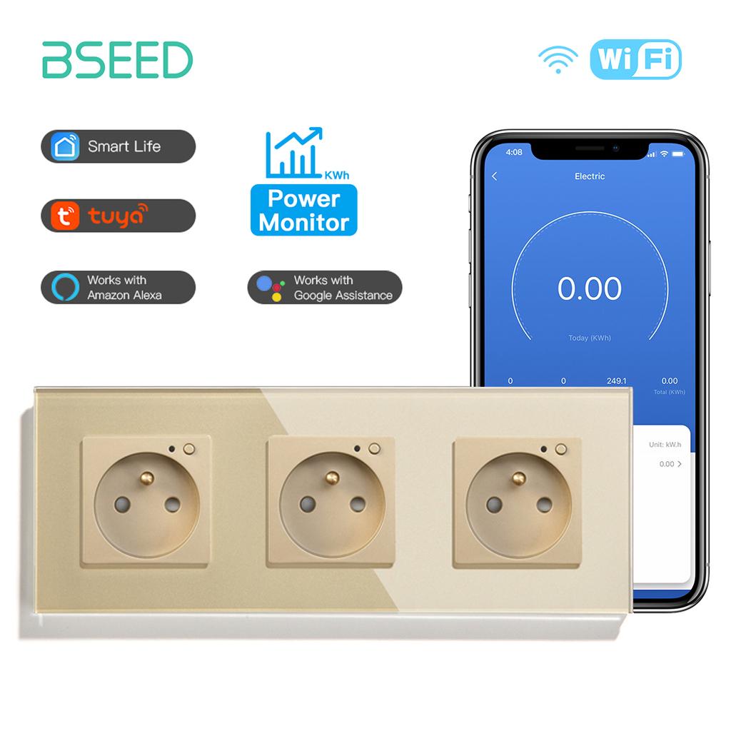 BSEED Single Wifi French Socket Double Power Monitor Wall Sockets Triple Smart Outlets Glass Frame Tuya Smart Life Control