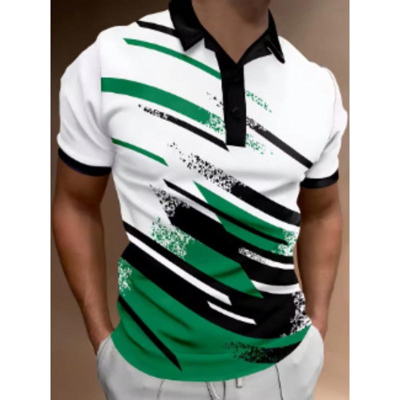 Men's Slim Fit Abstract Print Polo Shirt Black Trim Collar Cuffs Golf Shirt