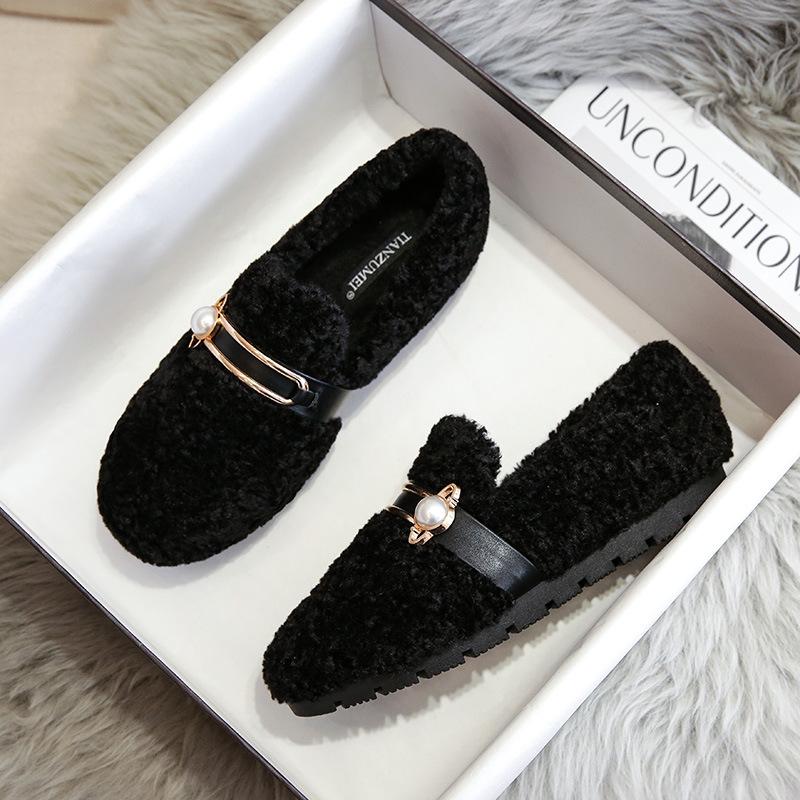 

Женские пушистые туфли на толстой подошве на зиму, бархатные туфли-бини, хлопковые женские туфли на одном педале из овечьей шерсти, большой размер - 33 чёрный