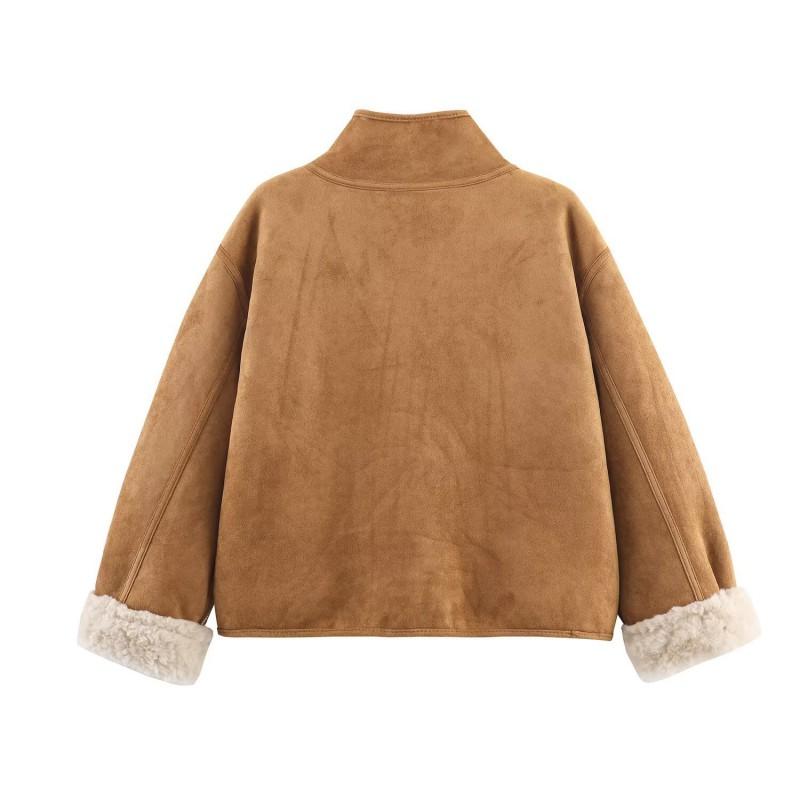 Womens Reversible Streetwear Jacket Winter 2025 Double-Sided Faux Leather Coat With Stand Collar Pocket Detail