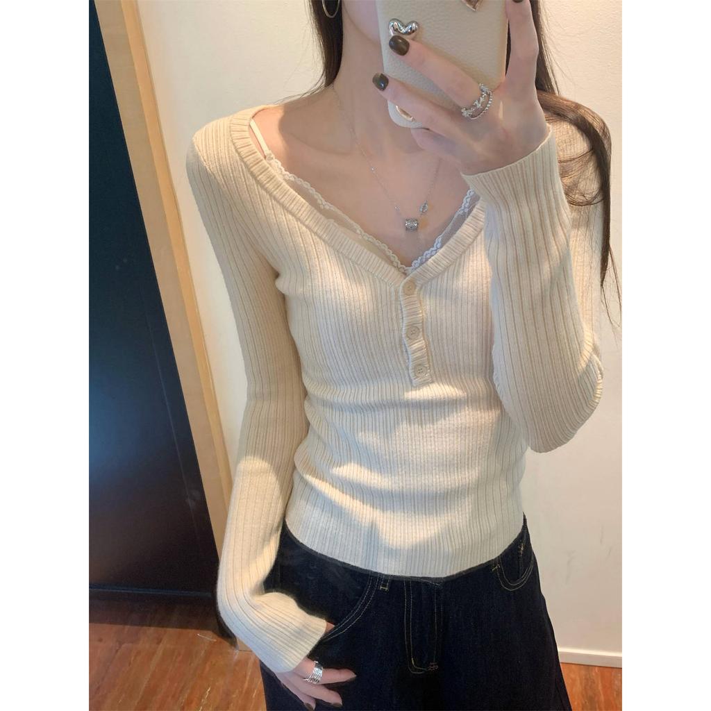 Spice Girl Wind Lace with Chest Pad Suspender Women's Spring Button Neck Pit Strip Sweater Bottom Shirt Two-piece Set
