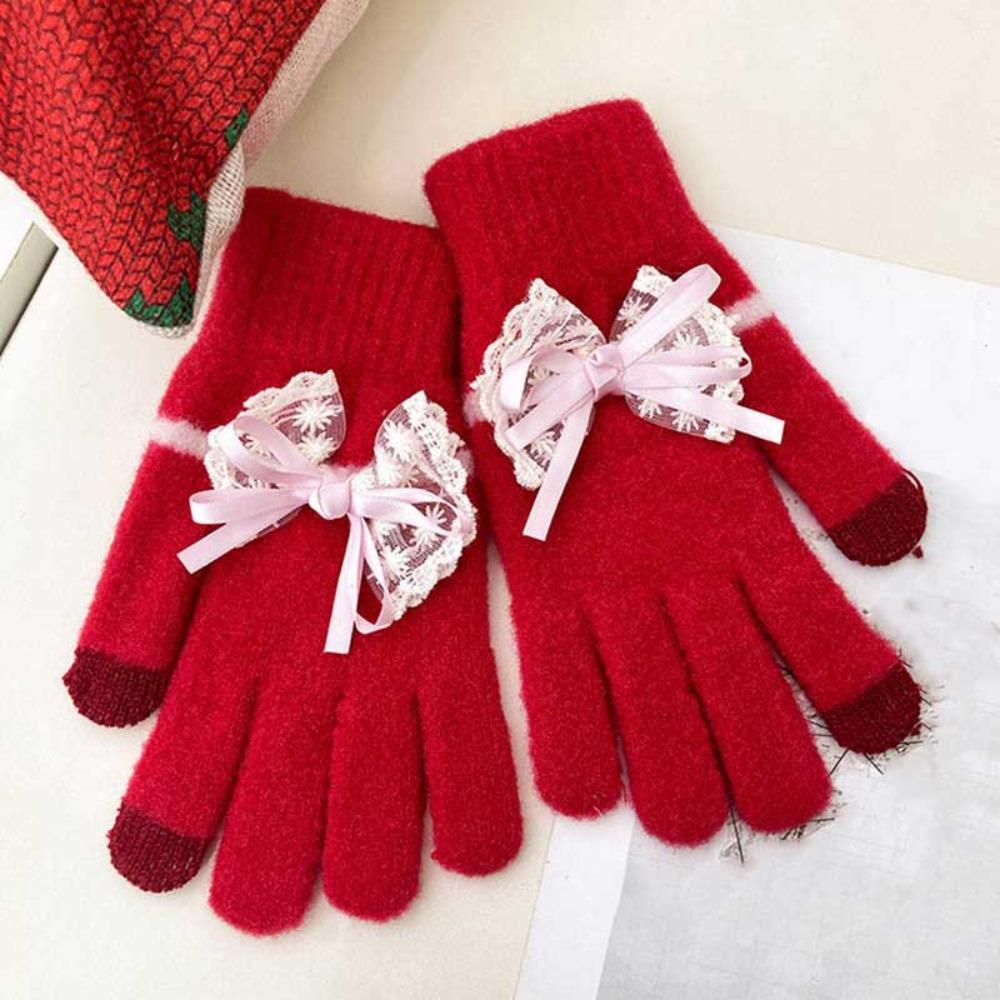 Cute Bowknot Gloves Thickened Comfortable Cotton Mittens Warm Touchscreen Full Finger Gloves Winter
