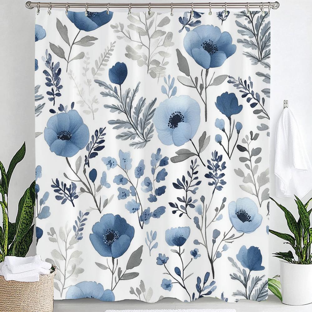 Elegant Blue Floral Print Waterproof Shower Curtain Partition Privacy Hanging Curtain With Hooks Multiple Size Machine Washable