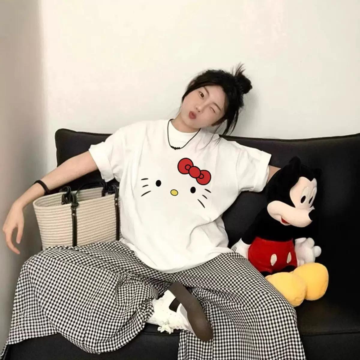 Hello Kitty Cartoon 2026 Simple Loose Cute Round Neck Casual Trend Summer Cotton Short Sleeved T-shirt Fashion Y2K Top T-shirt S белый