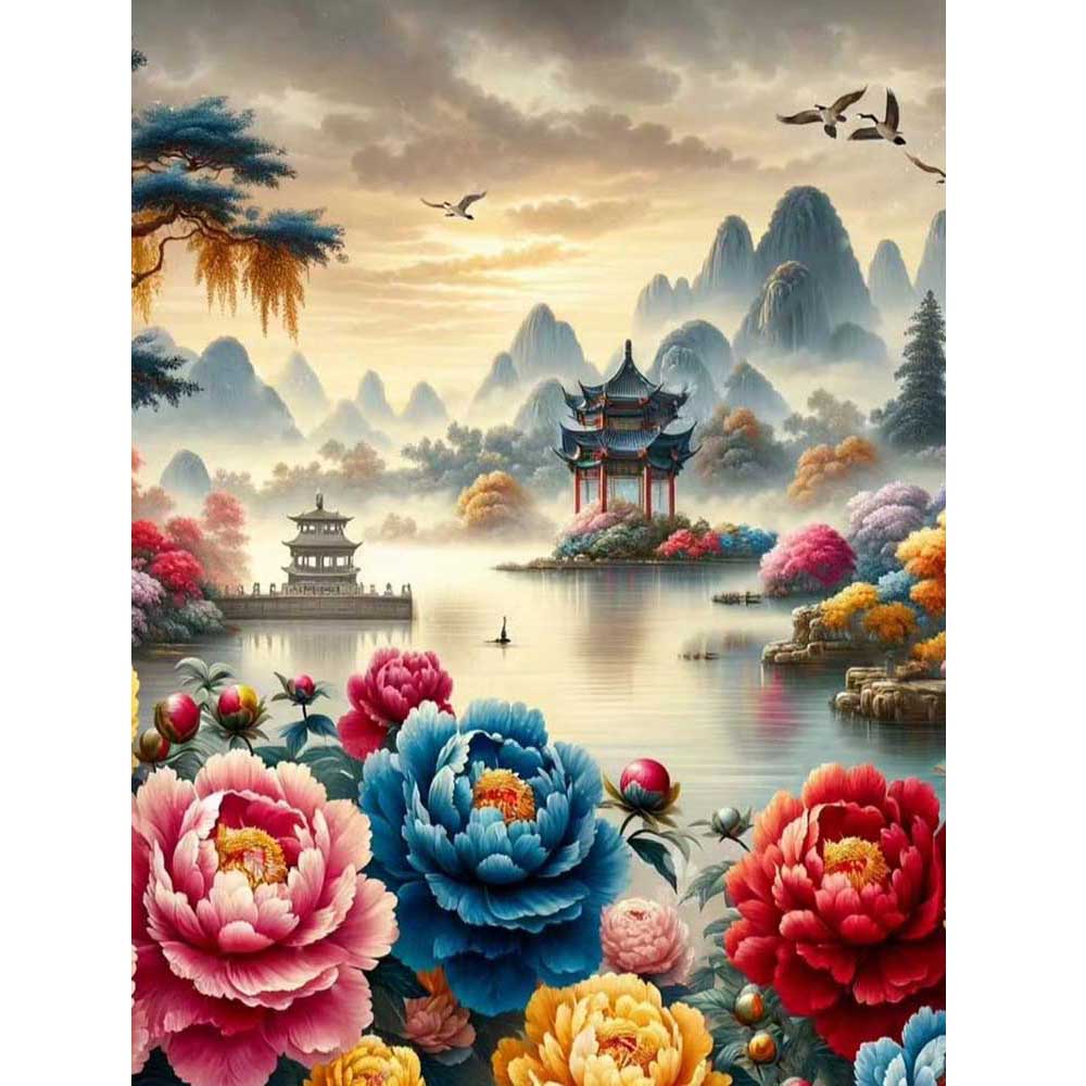 DIY Diamond Painting Cross Stitch Kit Peony Flowers and Pavilions Full Square Diamond Mosaic New Collection 2024 Home Decor Gift