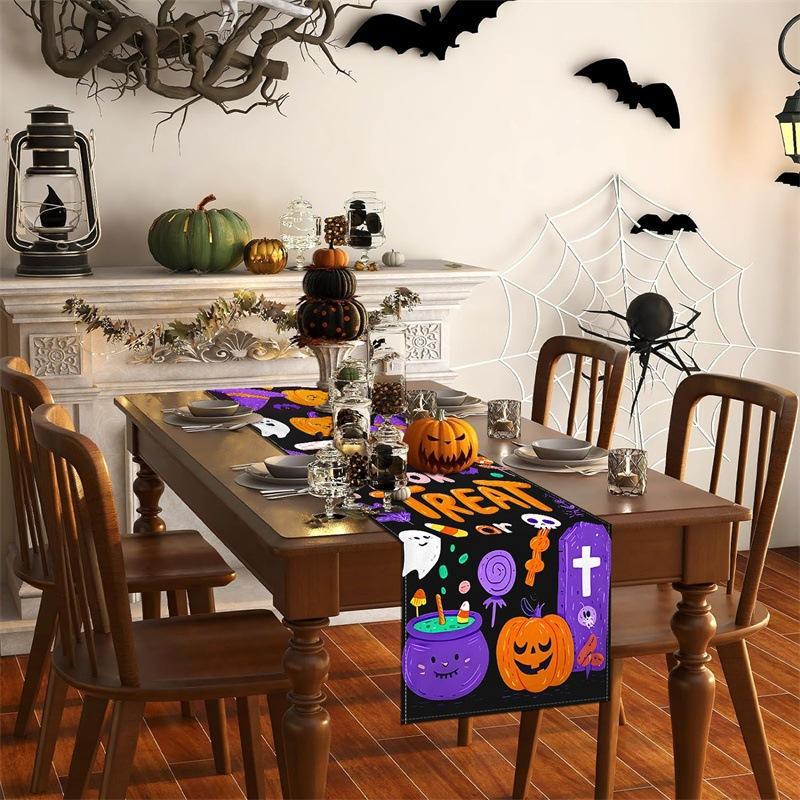 1pc Purple Halloween Table Runner Halloween Themed Tablecloth Trick or Treat Dustproof Durable Tablecloth for Dining Room Decor