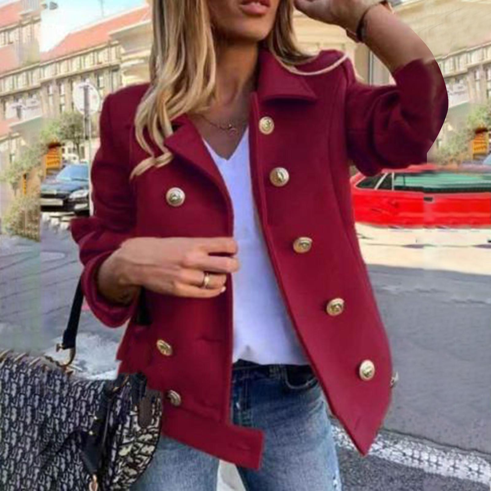 

Женский модный однотонный двубортный короткий костюм с лацканами и длинными рукавами, пальто XXL винный