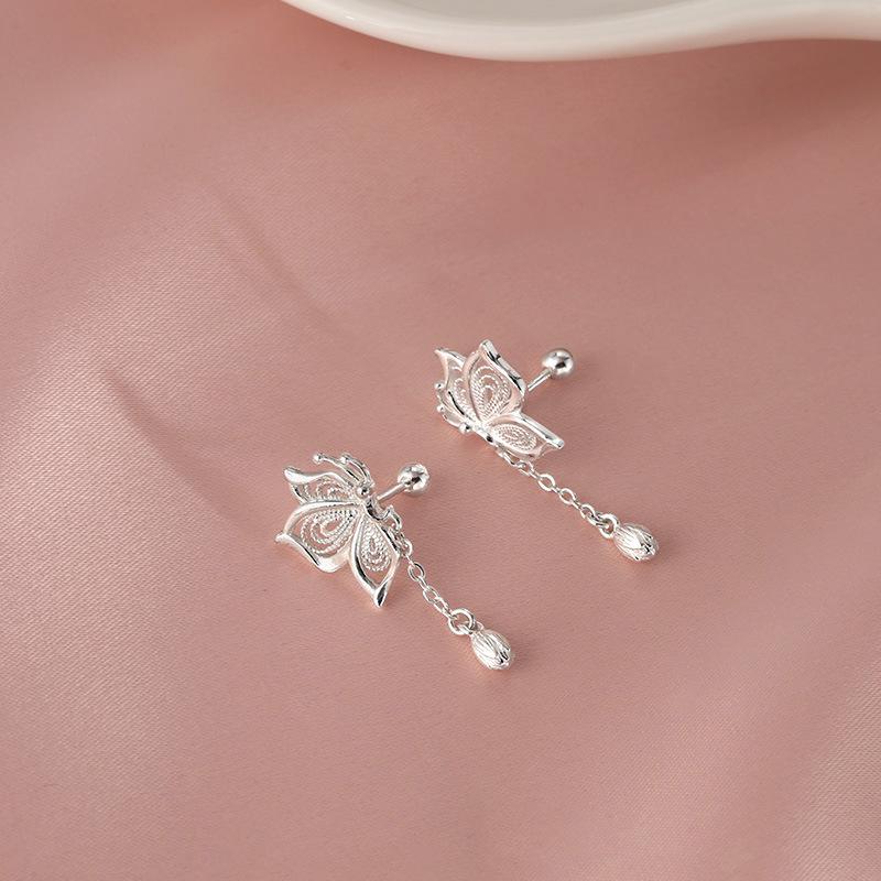 Stud Earrings Delicate Lotus Bud Chain Insect Wing Stud Design Sense Hollow Butterfly Fringe Screw Bead Earrings