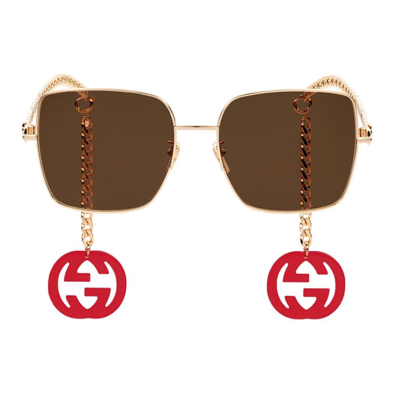 GUCCI Red Pendant Gold Frame Square Frame Sunglasses Red Men's Alloy Round Sunglasses Men's