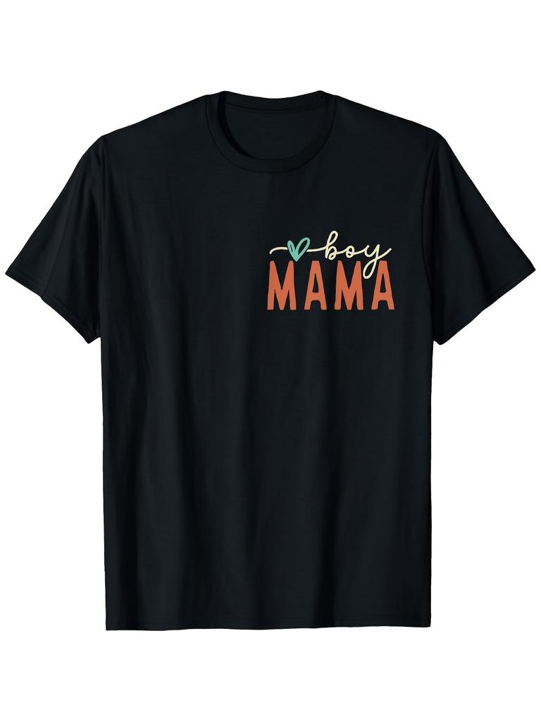Black Casual Short-Sleeve Round Neck Tee Featuring a Retro Heart Design, Footprints, And 'Boy Mom' Text. Ideal for Mothe
