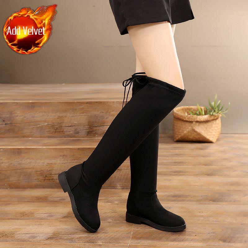 

Зимние ботфорты для женщин черные ботфорты с высоким голенищем и завязками сзади осенние модные ботинки на хлопковой подкладке 33