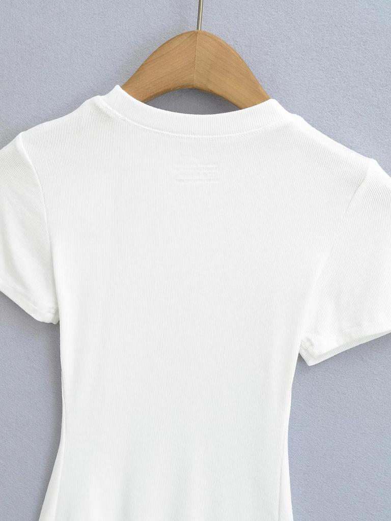 2025 Summer Kardashian Style Ribbed Short Sleeve Top - Solid Color & Sexy Round Neck