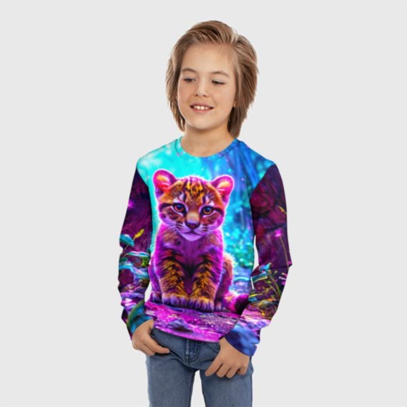 Children's Cartoon Animal Snake Cute Kitten Print T-shirts Boys Cute Long Sleeved Soft Comfortable Top
