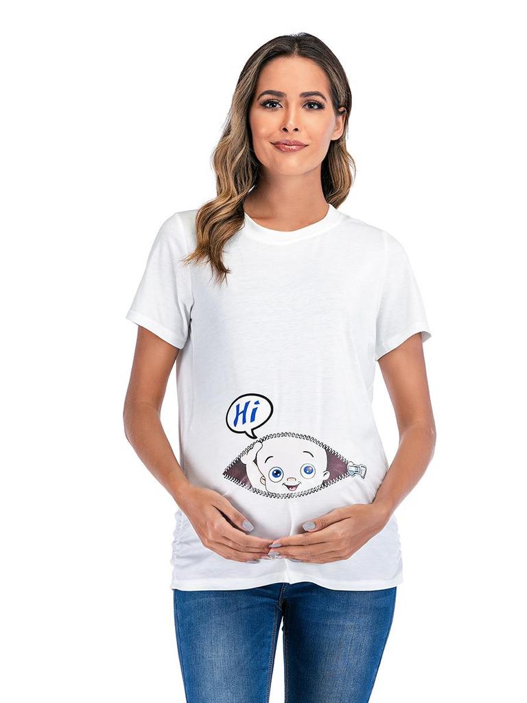 European & American Style Maternity Printed T-Shirt (Round Neck, Short Sleeve)