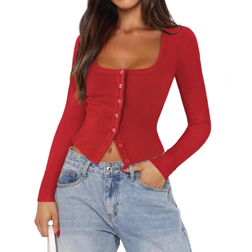 Women's Fashionable Color Square Neck Knitted Thread Single Button Slim Fit Long Sleeved Top