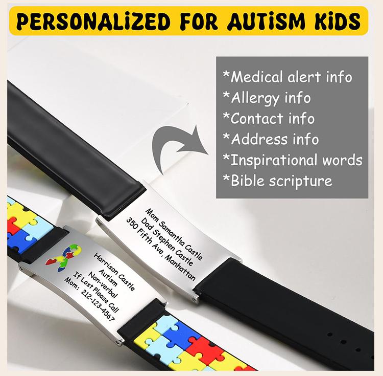 Personalized Autism Aspergers Bracelet for Little Boy Girl , Engraved Medical Alert ID Adjustable Silicon Bracelet Engraved Gift