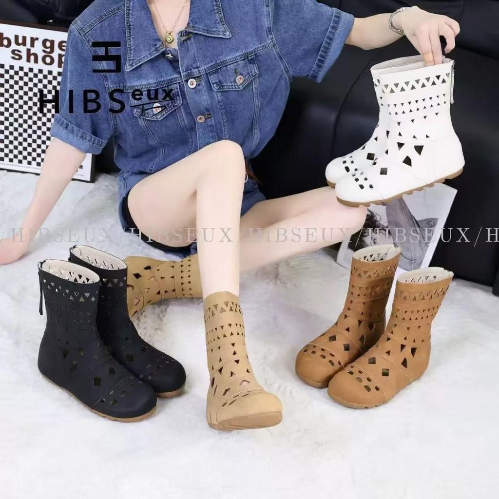 British style versatile Maillard boots 2025 explosion hollow breathable flat bottom Roman cool boots trend short boots