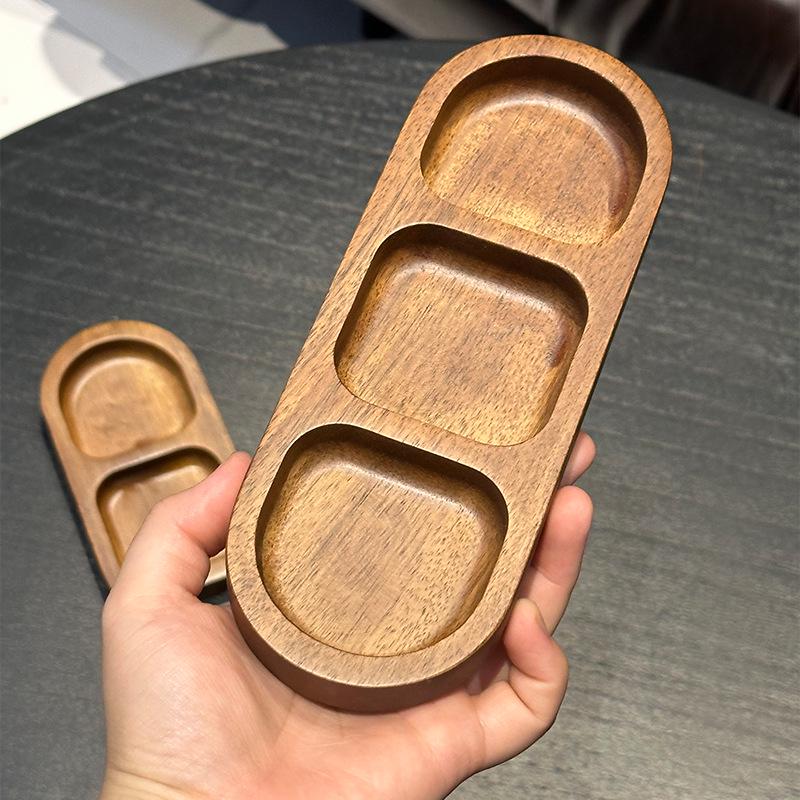 Acacia Wood 3-Compartment Condiment Dish, Snack & Sauce Plate for Hot Pot or BBQ.