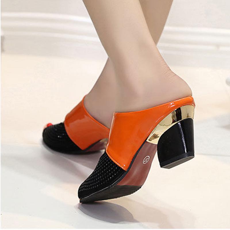 High-heeled Slippers Women's Medium-heeled Fish Mouth Slippers Thick-heeled Sandals Patent Leather Rhinestone Women's Sandals