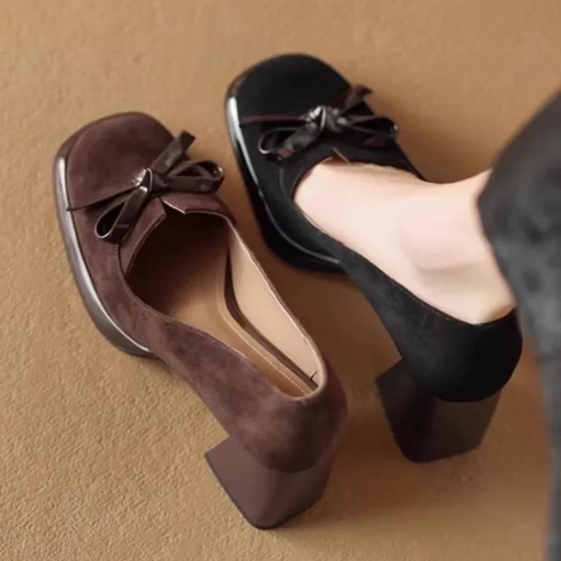 2024 Women Spring Pumps Chunky High Heels Shoes for Ladies New Bows Suede Heels Women Brown Platform Square Toe Zapatos