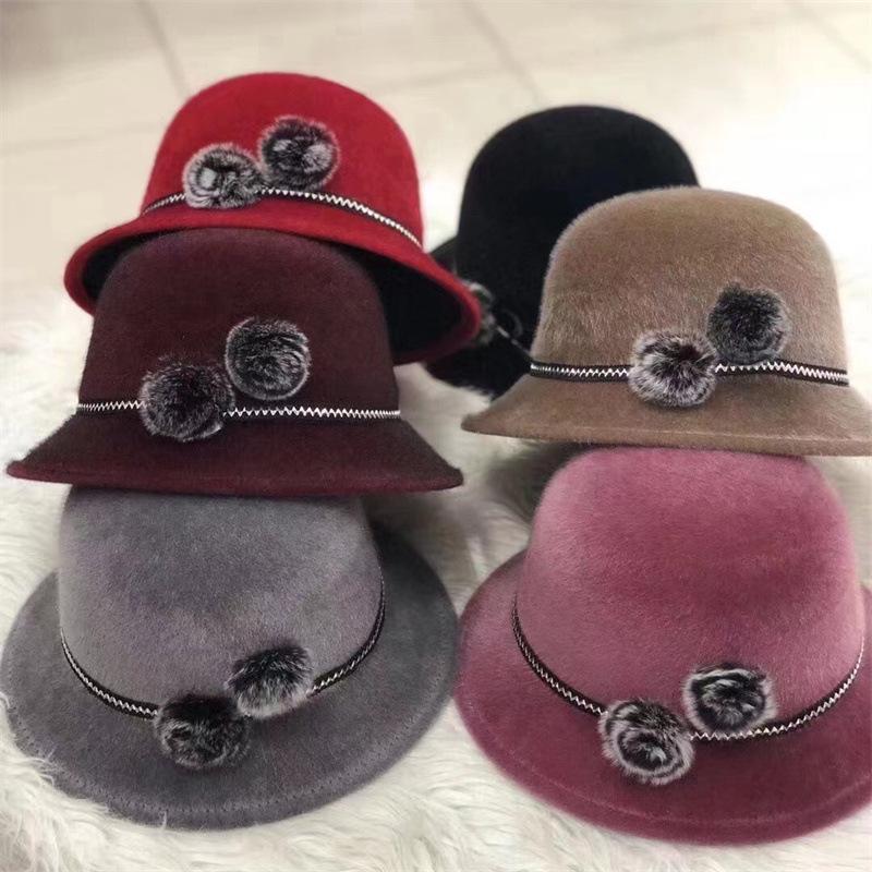 Mink Fur Basin Hat for Women Small Face Versatile Autumn Winter Edge Double Wool Ball Fisherman Hat Fashionable Woolen Cloth Simple Hat