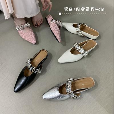 Inner Height Increase Rivet Bag Head Half Slippers Women's Summer Wear 2025 New Leopard Print Pointed Mary Jane Cool Slippers Silver