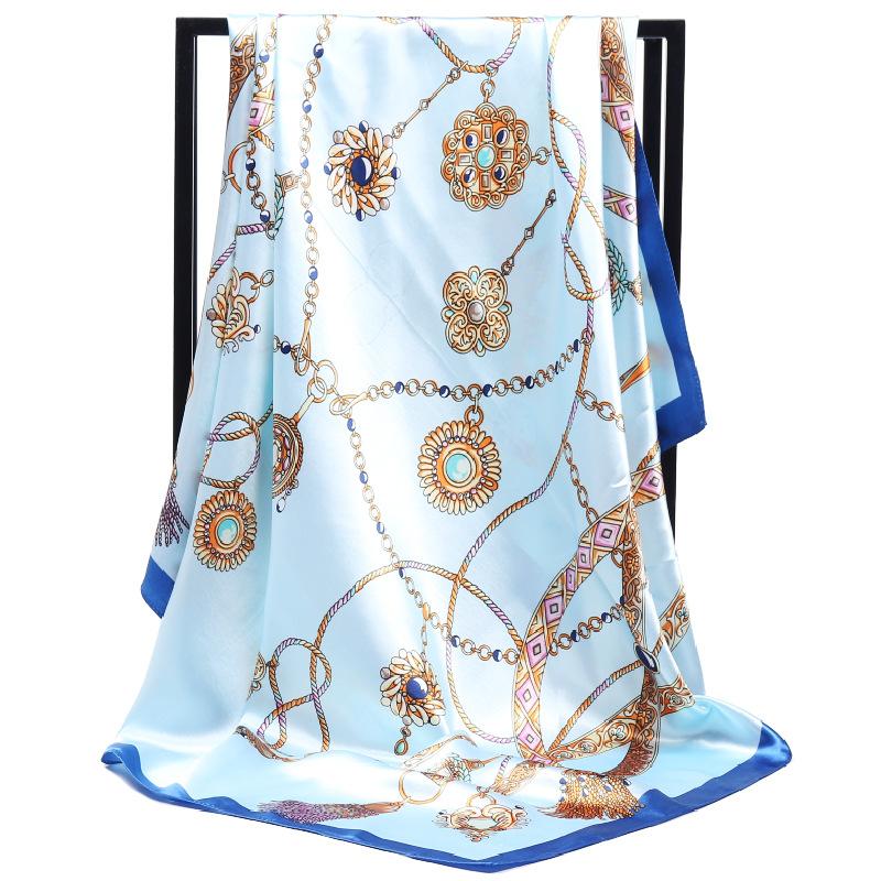 Luxury Women Silk Scarf Square Bandana Design Brand Headband Female Satin Hijab Large Shawl Wrap Lady Kerchief Chain Print New