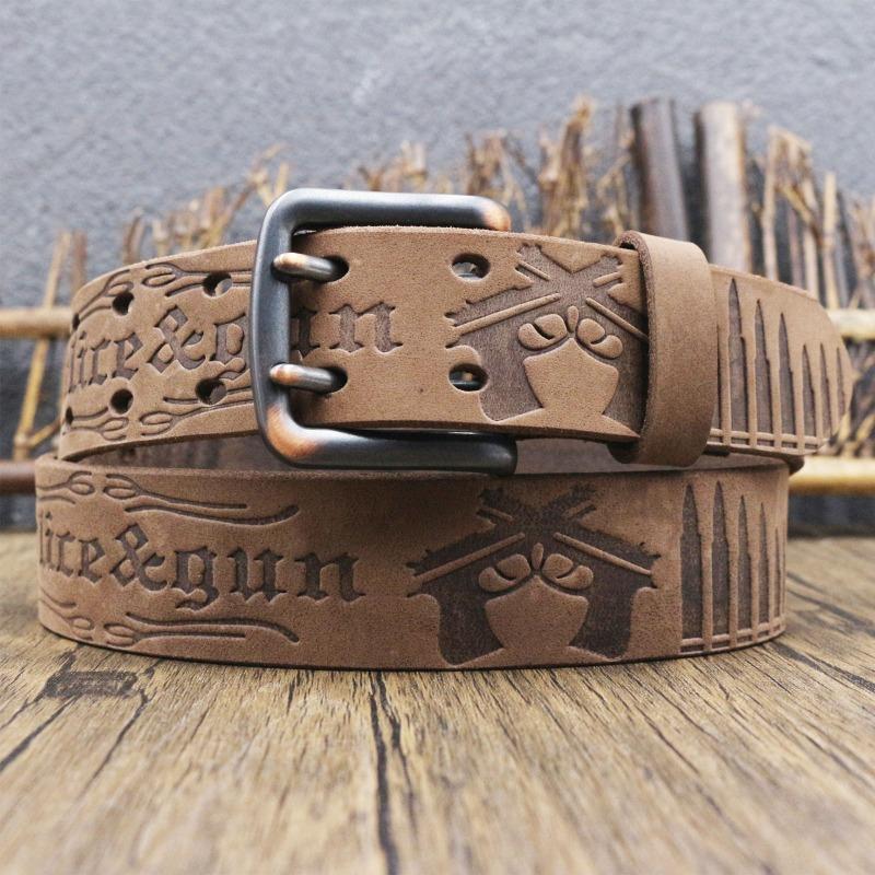Meier Retro woven carved Crazy Horse leather belt, men's old first-layer cowhide belt